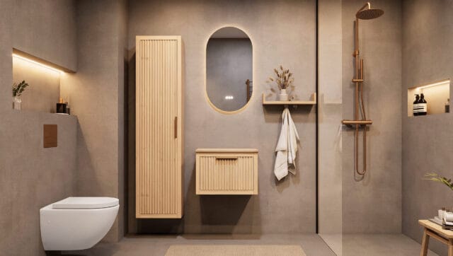 Modern hangend eiken badkamermeubel 60 cm met ribbelfront, één lade en limestone blad met keramische waskom