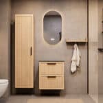 Hangend naturel eiken badkamermeubel 60 cm met ribbelfront, twee lades en grijs limestone blad met witte waskom