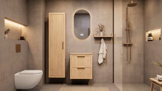 Modern naturel eiken badkamermeubel 60 cm met twee lades en limestone blad met witte waskom
