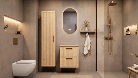 Modern naturel eiken badkamermeubel 60 cm met twee lades en limestone blad met witte waskom