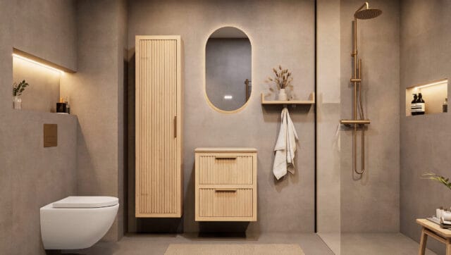 Modern naturel eiken badkamermeubel 60 cm met twee lades en limestone blad met witte waskom