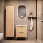 Hangend naturel eiken badkamermeubel 60 cm met twee lades en wit marmer blad met witte waskom