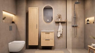 Hangend naturel eiken badkamermeubel 60 cm met twee lades en wit marmer blad met witte waskom