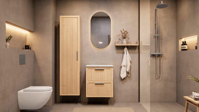 Hangend naturel eiken badkamermeubel 60 cm met twee lades en wit marmer blad met witte waskom