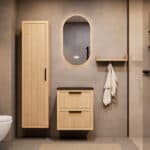 Compact eiken wastafelmeubel 60 cm met ribbelfront, twee lades en granieten blad met witte waskom
