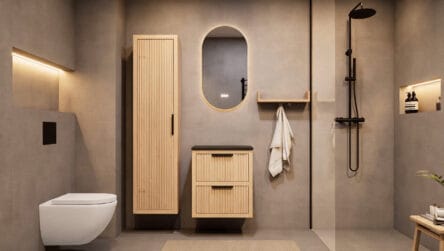Compact eiken wastafelmeubel 60 cm met ribbelfront, twee lades en granieten blad met witte waskom