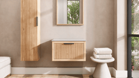 Hangend houten badkamermeubel 70 cm met één lade en grijs limestone blad met witte waskom