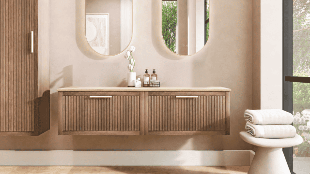 Hangend donker eiken badkamermeubel 160 cm met één lade en limestone blad met witte waskom