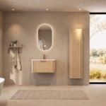 Rond hangend naturel eiken badkamermeubel 80 cm met vlak front en mat witte solid surface wastafel