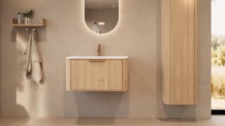 Rond hangend naturel eiken badkamermeubel 80 cm met vlak front en mat witte solid surface wastafel