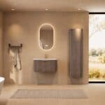 Rond hangend donker eiken badkamermeubel 80 cm met vlak front en mat witte solid surface wastafel