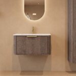 Rond hangend donker eiken badkamermeubel 80 cm met vlak front en mat witte solid surface wastafel