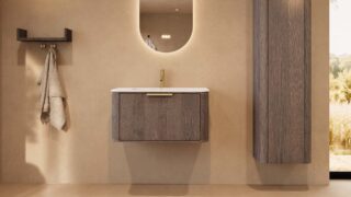 Rond hangend donker eiken badkamermeubel 80 cm met vlak front en mat witte solid surface wastafel