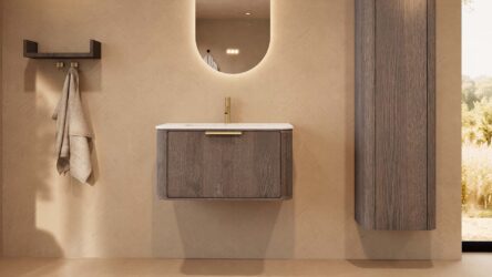 Rond hangend donker eiken badkamermeubel 80 cm met vlak front en mat witte solid surface wastafel