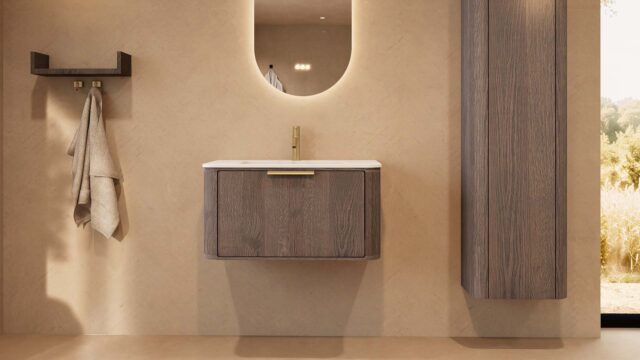 Rond hangend donker eiken badkamermeubel 80 cm met vlak front en mat witte solid surface wastafel