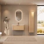 Rond naturel eiken badkamermeubel 100 cm met vlak front en mat witte solid surface wastafel