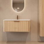 Rond naturel eiken badkamermeubel 100 cm met vlak front en mat witte solid surface wastafel