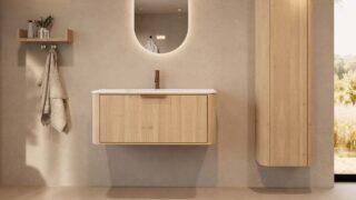 Rond naturel eiken badkamermeubel 100 cm met vlak front en mat witte solid surface wastafel