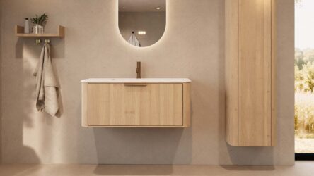Rond naturel eiken badkamermeubel 100 cm met vlak front en mat witte solid surface wastafel