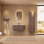 Rond donker eiken badkamermeubel 100 cm met vlak front en mat witte solid surface wastafel