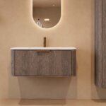 Rond donker eiken badkamermeubel 100 cm met vlak front en mat witte solid surface wastafel