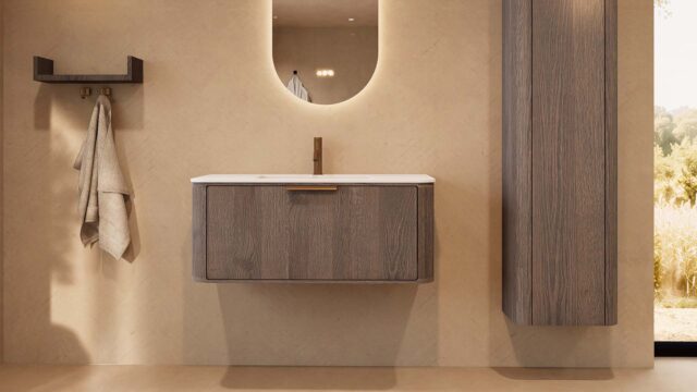 Rond donker eiken badkamermeubel 100 cm met vlak front en mat witte solid surface wastafel