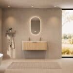 Rond naturel eiken badkamermeubel 120 cm met vlak front en dubbele mat witte solid surface wastafel