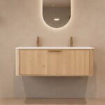Rond naturel eiken badkamermeubel 120 cm met vlak front en dubbele mat witte solid surface wastafel