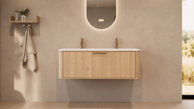 Rond naturel eiken badkamermeubel 120 cm met vlak front en dubbele mat witte solid surface wastafel