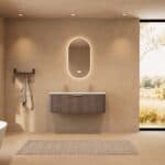 Rond donker eiken wastafelmeubel 120 cm met vlak front en dubbele mat witte solid surface wastafel