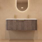 Rond donker eiken wastafelmeubel 120 cm met vlak front en dubbele mat witte solid surface wastafel