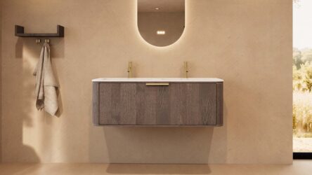 Rond donker eiken wastafelmeubel 120 cm met vlak front en dubbele mat witte solid surface wastafel
