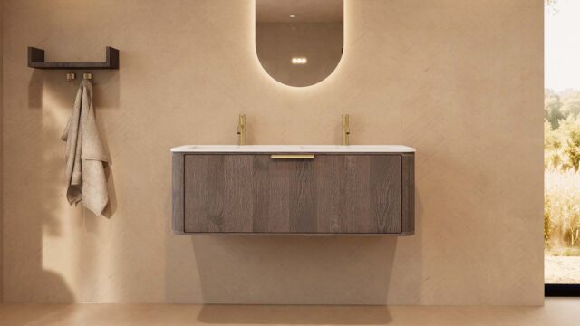 Rond donker eiken wastafelmeubel 120 cm met vlak front en dubbele mat witte solid surface wastafel