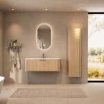 Rond naturel eiken wastafelmeubel 120 cm met vlak front en mat witte solid surface wastafel