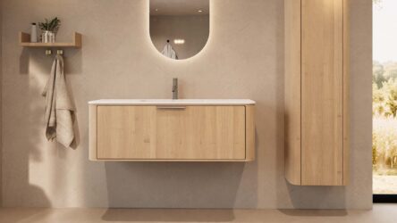 Rond naturel eiken wastafelmeubel 120 cm met vlak front en mat witte solid surface wastafel