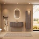 Rond donker eiken badkamermeubel 120 cm met vlak front en mat witte solid surface wastafel