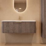 Rond donker eiken badkamermeubel 120 cm met vlak front en mat witte solid surface wastafel