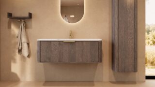 Rond donker eiken badkamermeubel 120 cm met vlak front en mat witte solid surface wastafel