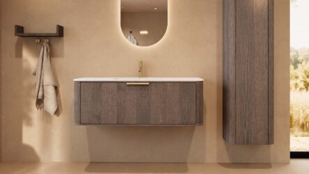 Rond donker eiken badkamermeubel 120 cm met vlak front en mat witte solid surface wastafel