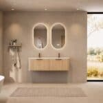 Rond naturel eiken badkamermeubel 140 cm met vlak front en dubbele mat witte solid surface wastafel