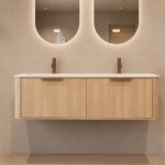 Rond naturel eiken badkamermeubel 140 cm met vlak front en dubbele mat witte solid surface wastafel