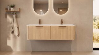 Rond naturel eiken badkamermeubel 140 cm met vlak front en dubbele mat witte solid surface wastafel
