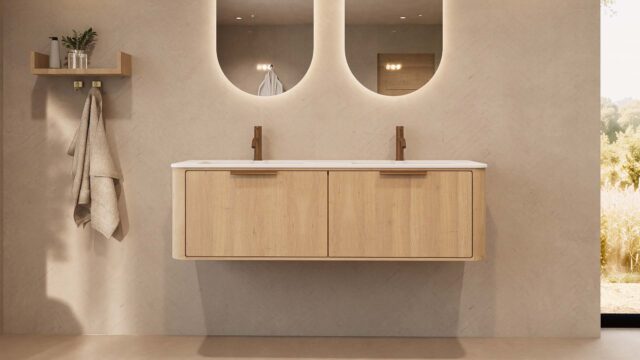 Rond naturel eiken badkamermeubel 140 cm met vlak front en dubbele mat witte solid surface wastafel