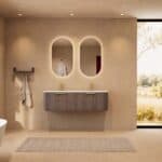 Rond donker eiken badkamermeubel 140 cm met vlak front en dubbele mat witte solid surface wastafel
