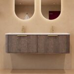 Rond donker eiken badkamermeubel 140 cm met vlak front en dubbele mat witte solid surface wastafel