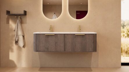 Rond donker eiken badkamermeubel 140 cm met vlak front en dubbele mat witte solid surface wastafel