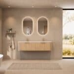 Rond hangend naturel eiken badkamermeubel 160 cm met vlak front en dubbele mat witte solid surface wastafel