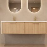 Rond hangend naturel eiken badkamermeubel 160 cm met vlak front en dubbele mat witte solid surface wastafel