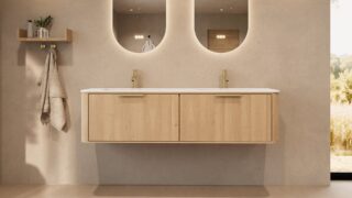 Rond hangend naturel eiken badkamermeubel 160 cm met vlak front en dubbele mat witte solid surface wastafel