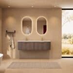 Rond hangend donker eiken badkamermeubel 160 cm met vlak front en dubbele mat witte solid surface wastafel